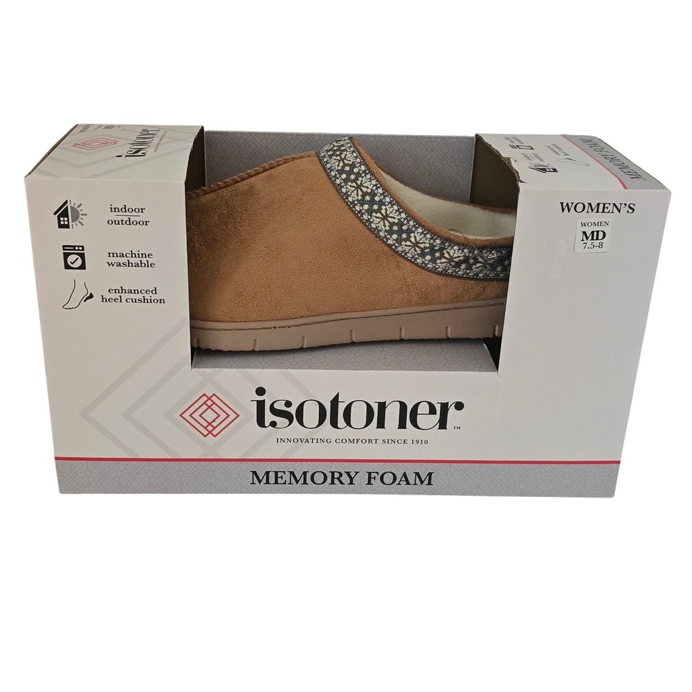 Isotoner Womens Memory Foam Slippers Buckskin Brown Clog 7.5/8M
